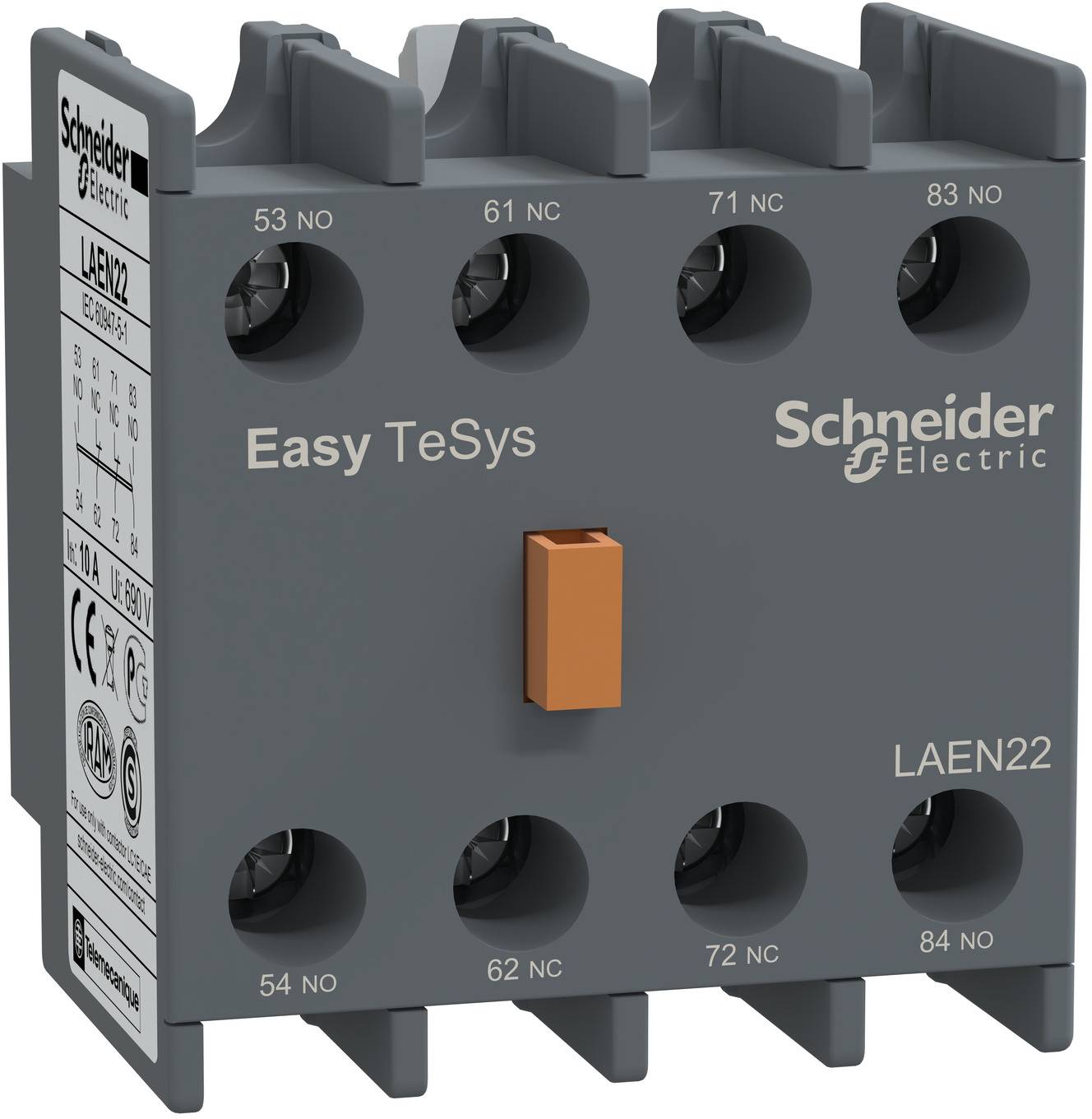 Schneider Electric Easy TeSys LAEN22 Kontaktblock mit orangem Betätiger und gekennzeichneten Anschlüssen 53/54, 61/62, 71/72, 83/84.