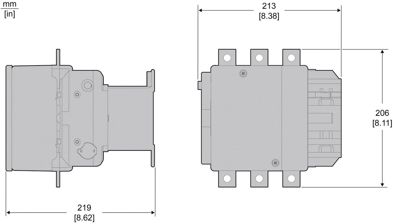 Maßstabgerechte technische Zeichnung eines rechteckigen Geräts in Seiten- und Vorderansicht, die Gesamtgröße 219 mm mal 213 mm zeigt, mit einer Höhe von 206 mm.