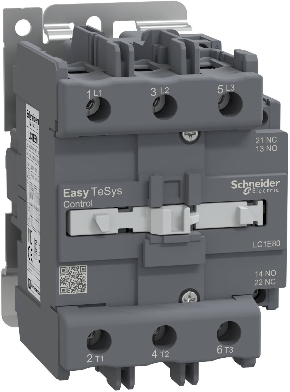 Nahaufnahme eines Schneider Electric Easy TeSys Control Schützes, das beschriftete Anschlussklemmen und Befestigungshardware zeigt.