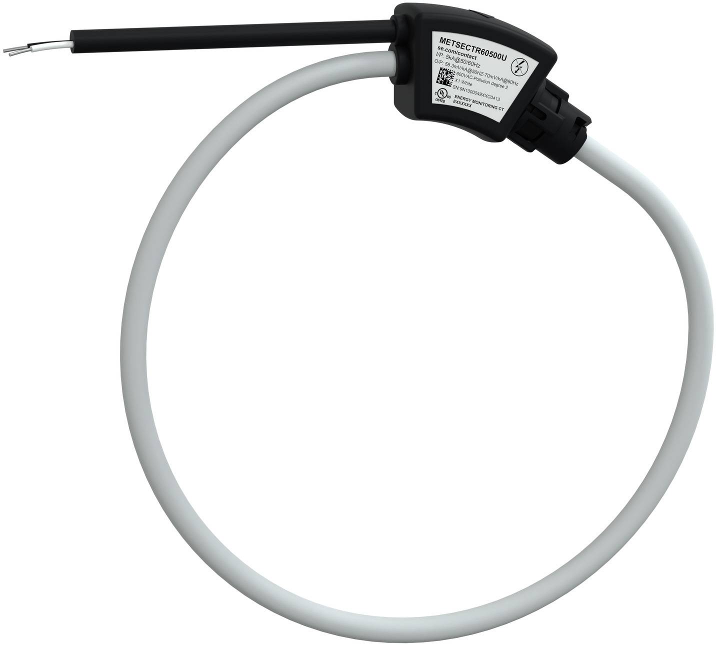 Aufgerolltes graues Elektrokabel mit schwarzem Stecker und freiliegendem Metallanschluss auf weißem Hintergrund.