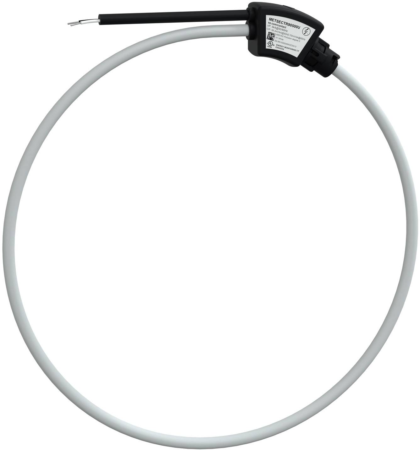 Graues Rundkabel mit schwarzem Stecker und Etikett oben auf weißem Hintergrund.