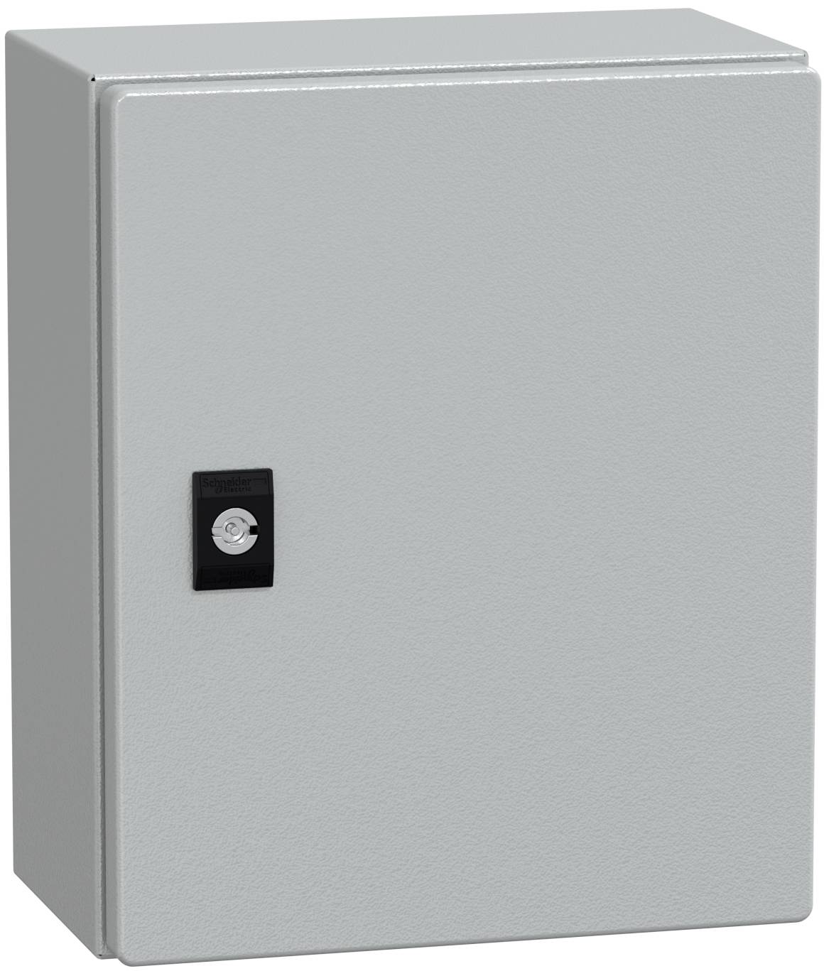 Grauer Metallschrank für Elektroinstallationen mit einem kleinen Schloss an der Vordertür, dargestellt im geschlossenen Zustand vor einfarbigem weißem Hintergrund.