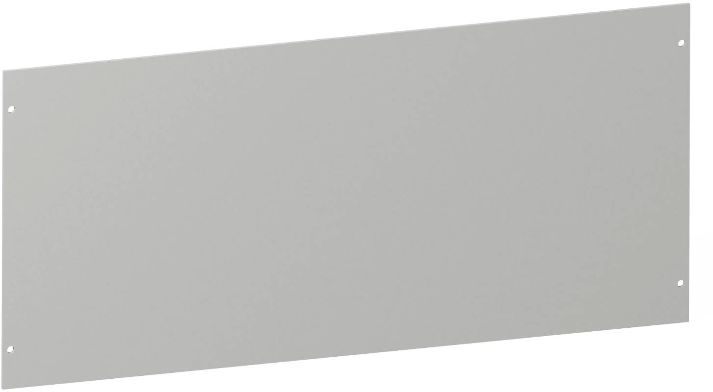 Blankes grau rechteckiges Metallpanel mit vier Eckmontierungslöchern, gezeigt auf weißem Hintergrund.