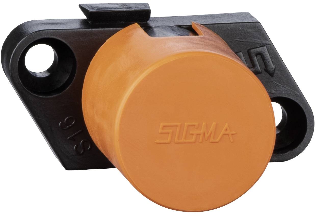 Orange zylindrischer Sigma-Komponente auf schwarzer Halterung mit zwei Schraubenlöchern, auf weißem Hintergrund dargestellt.
