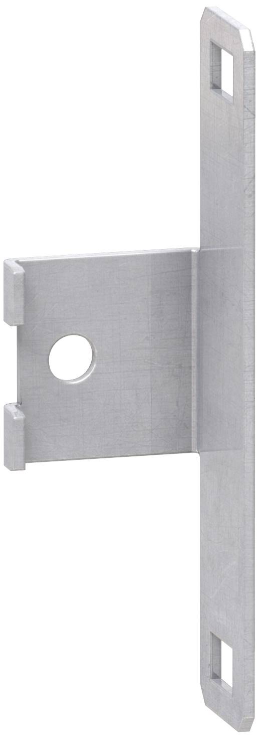Metallmontageklammer mit einer vertikal geschlitzten Platte und horizontalem Arm, ausgestattet mit einem runden Loch und zwei Laschen zur Befestigung von Befestigungsmaterial.