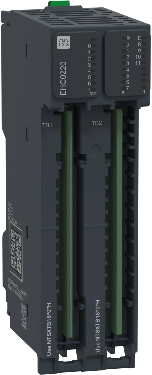 Schwarzes industrielles elektronisches Modul mit zwei grünen Anschlussblöcken mit den Bezeichnungen TB1 und TB2, Modell EHQ0220, in perspektivischer Ansicht auf weißem Hintergrund.