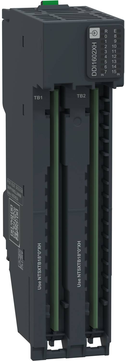 Ein schwarzes industrielles elektronisches Modul mit zwei grünen Anschlussleisten und einem Frontschild mit Statusmarkierungen und Modelltexten.