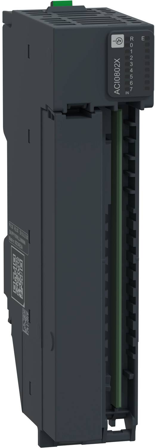Ein schwarzes industrielles SPS-Modul mit grünen Anschlussklemmen und gekennzeichneten Statusanzeigen an der Vorderseite.