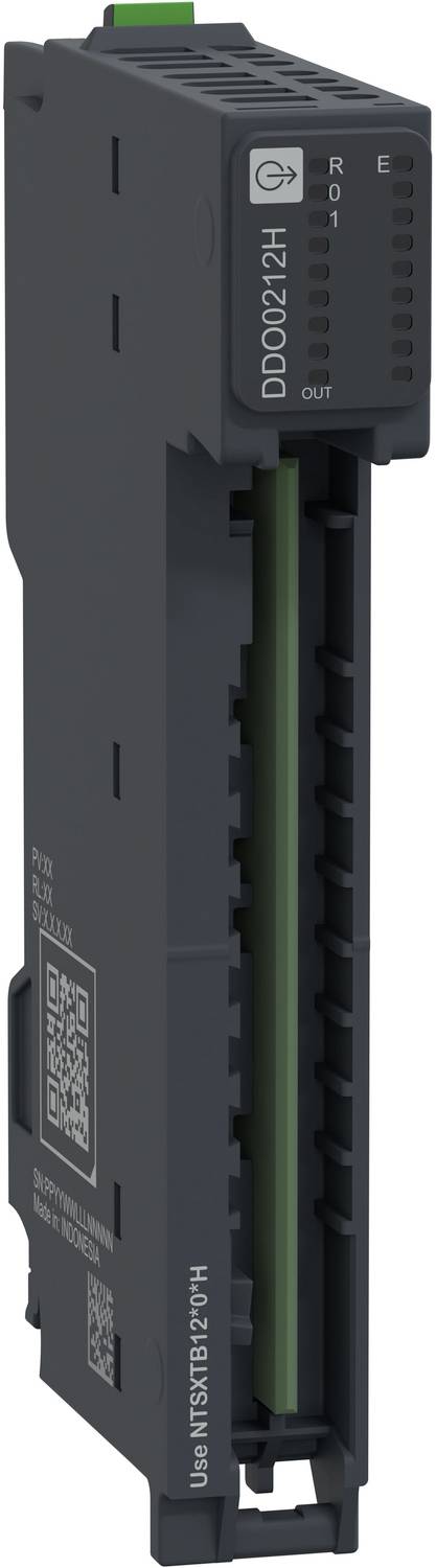 Schwarzes Industrie-Elektronikmodul mit grünem Stecker und vertikalen Statusmarkierungen, beschriftet mit „DD0021H