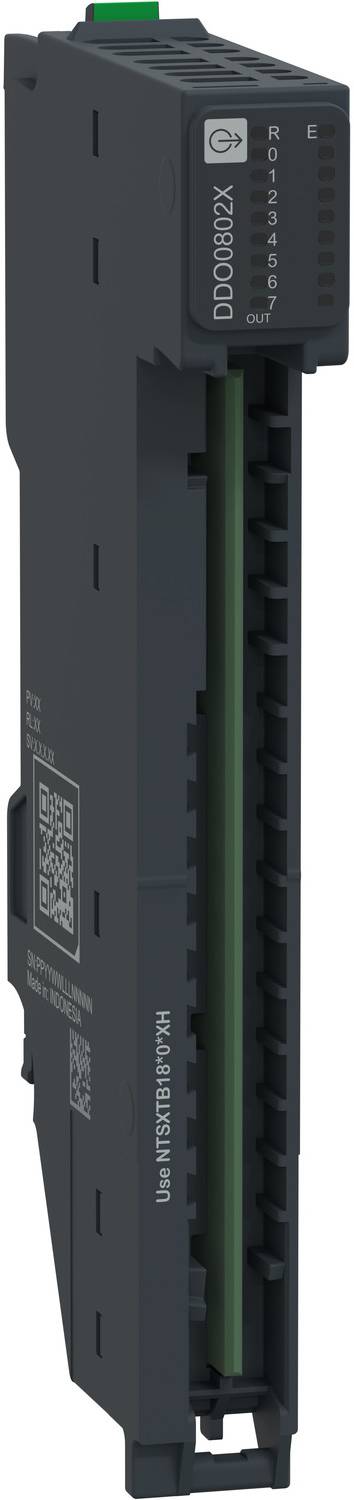 Schwarzes industrielles elektronisches Modul mit Anschlussport und Statusmarkierungen, in der Seitenansicht vor weißem Hintergrund dargestellt.