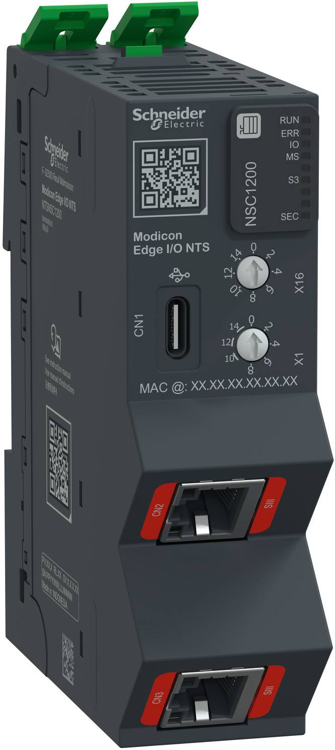 Schneider Electric Modicon Edge I/O NTS Industrie-Controller-Modul mit QR-Code, Status-LEDs, USB-Anschluss und zwei Ethernet-Anschlüssen.