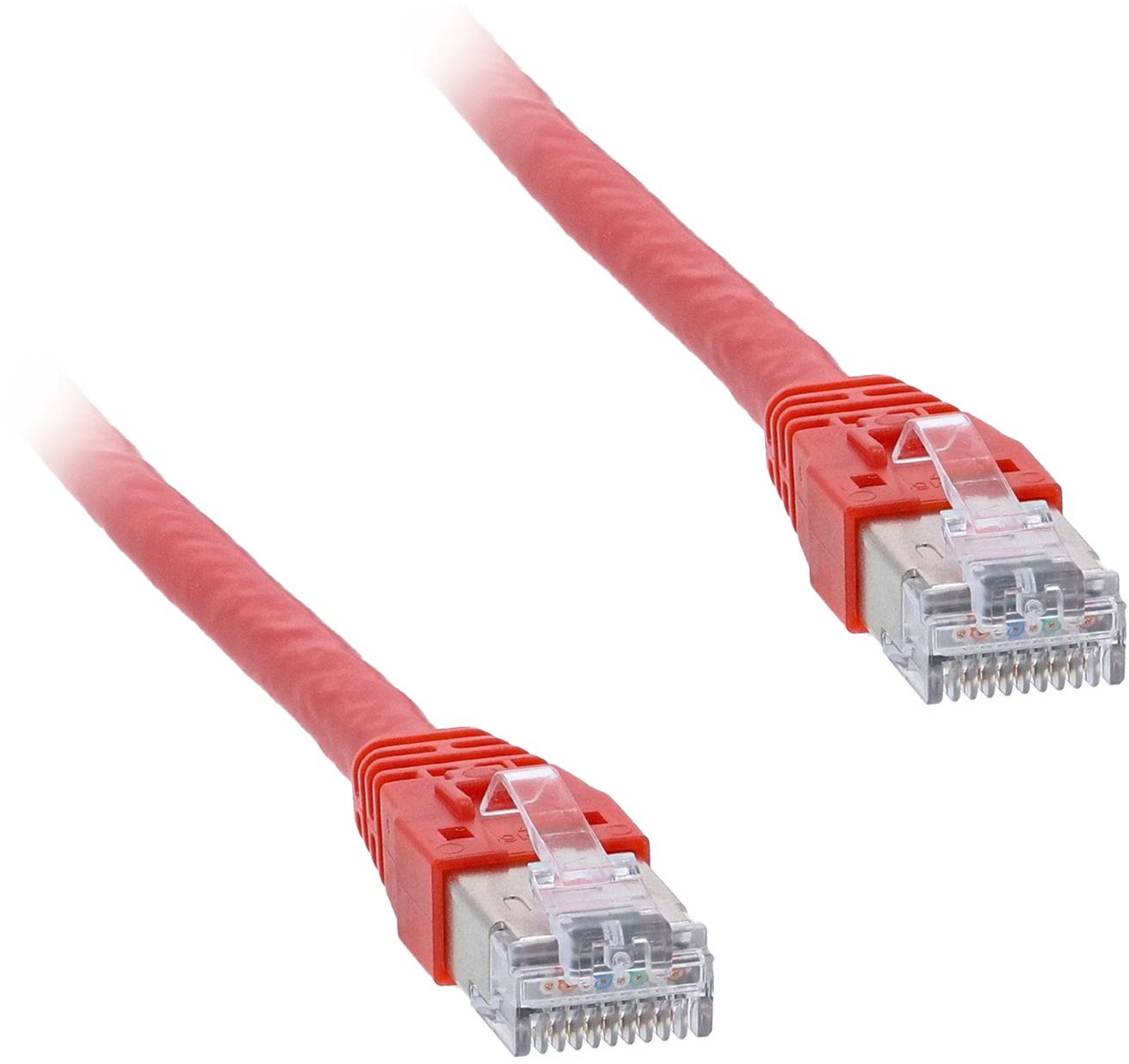 Zwei rote Ethernet-Kabel mit RJ45-Steckern auf weißem Hintergrund.