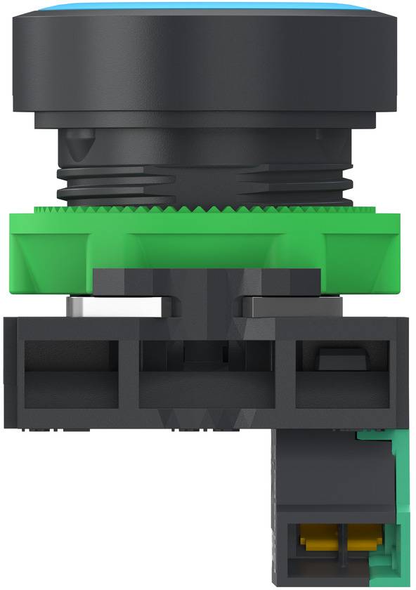Nahaufnahme eines schwarzen und grünen industriellen Druckschalters mit angeklemmt elektrischem Stecker.