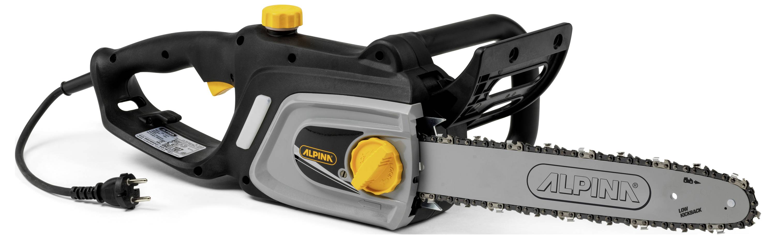 Elektrische Alpina-Kettensäge mit schwarzem und grauem Gehäuse, orangefarbenen Bedienungselementen und silberner Klinge mit 