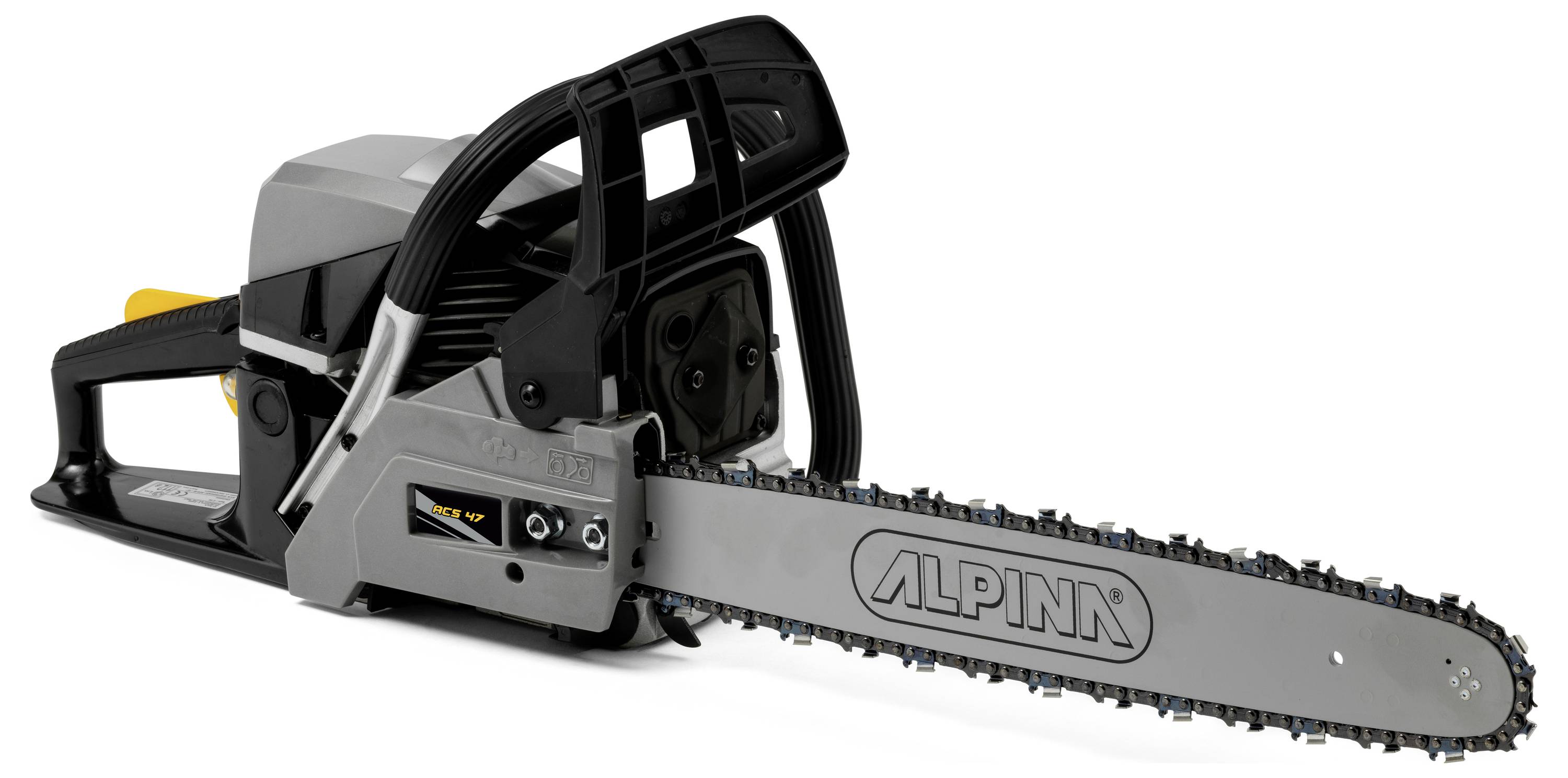 Alpina-Kettensäge mit grauem Gehäuse und langer Schneideschiene auf weißem Hintergrund