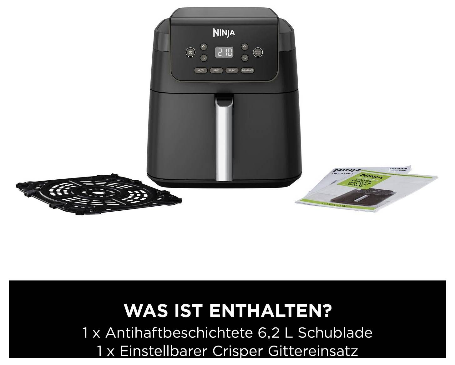 Ninja Heißluftfritteuse mit im Lieferumfang enthaltenem Zubehör: eine antihaftbeschichtete 6,2-Liter-Knusperlade und verstellbare Knusperplatte; deutscher Text sagt „Was ist enthalten?