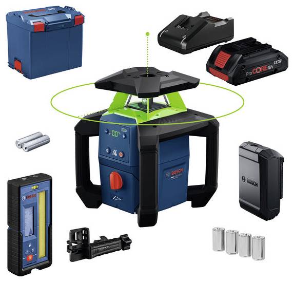 Bosch Baustellen-Laser-Niveau mit grüner 360-Grad-Projektion, umgeben von Batterie, Ladegerät, Transportkoffer, Empfänger und Zubehör.
