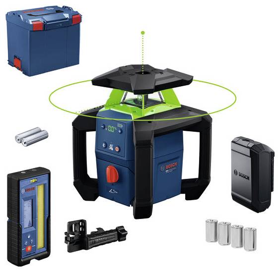 Bosch Rotationslaser mit Zubehör, einschließlich Transportkoffer, Empfänger, Akku, Klemme und Batterien, dargestellt als Produktset.