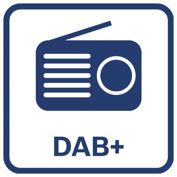 DAB+-Radiologo mit einem stilisierten blauen Radiosymbol in einem abgerundeten quadratischen Rahmen und dem Text „DAB+