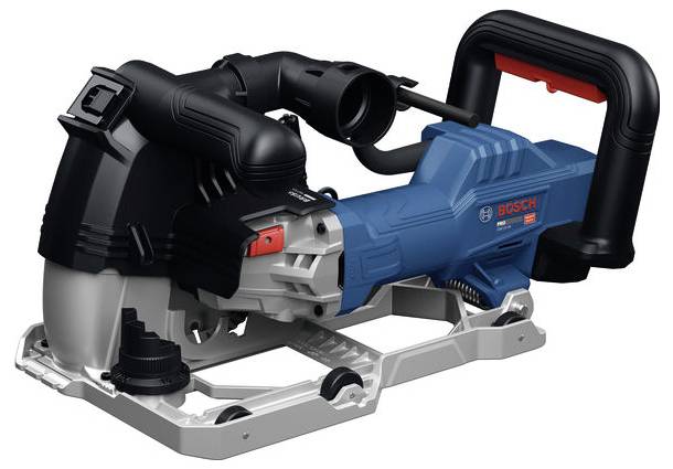 Bosch Akku-Kreissäge mit blauem und schwarzem Gehäuse, hinterem Griff und silberner Grundplatte, dargestellt auf weißem Hintergrund.