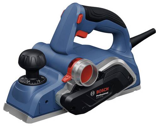 Blau-schwarzer Bosch Professional Elektro-Handhobel mit roten Akzenten, in Seitenansicht auf weißem Hintergrund gezeigt.