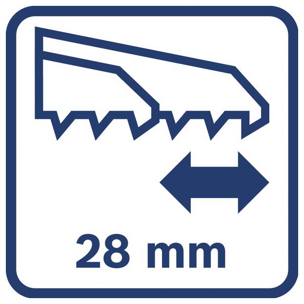 Symbol, das eine Sägezahnbreite von 28 mm zeigt, mit einem doppelköpfigen Pfeil, der die Größe des Zahnblatts angibt.