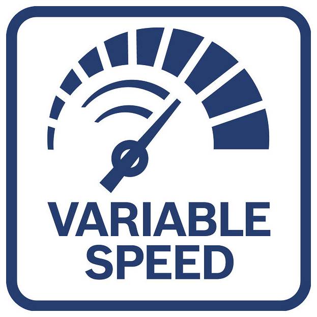 Blaues Schild mit Tachometer-Symbol und den Worten „VARIABLE SPEED