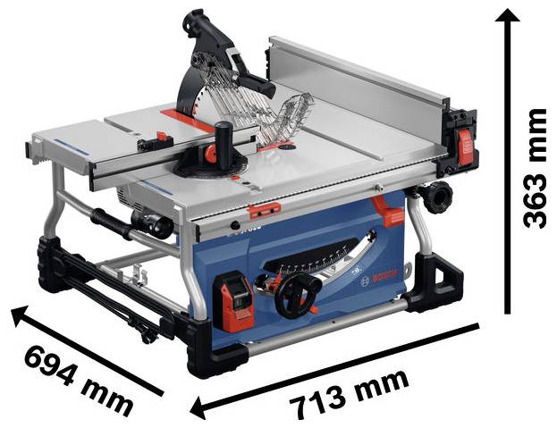 Produktdiagramm einer Bosch-Tischkreissäge mit den Gesamtabmessungen: 713 mm Breite, 694 mm Tiefe und 363 mm Höhe.