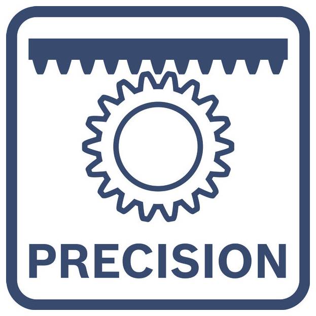 Präzisions-Symbol mit einem Zahnrad unter einer gezahnten Leiste in einem abgerundeten Quadrat, mit dem Wort 