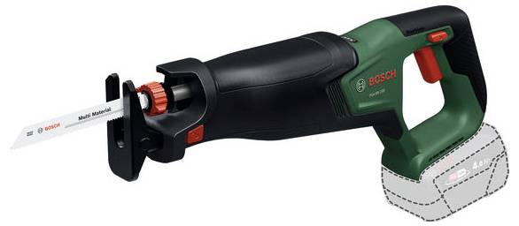 Bosch Akku-Säbelsäge mit angebrachtem Akku, auf weißem Hintergrund dargestellt.