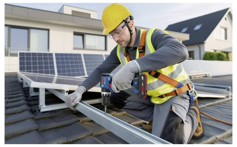 Arbeiter in Schutzausrüstung installiert Dachsolarpanels mit einer Elektrobohrmaschine auf einem Wohnhaus.