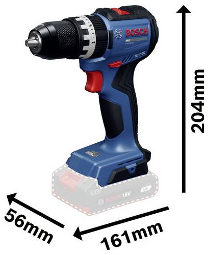 Bosch Akku-Bohrmaschine, gezeigt mit Abmessungen von 204 mm Höhe, 161 mm Länge und 56 mm Breite.