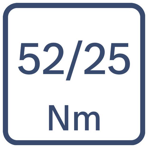 Verkehrsschild mit Gewichtsbegrenzung 52/25 Nm in einem blauumrandeten Quadrat