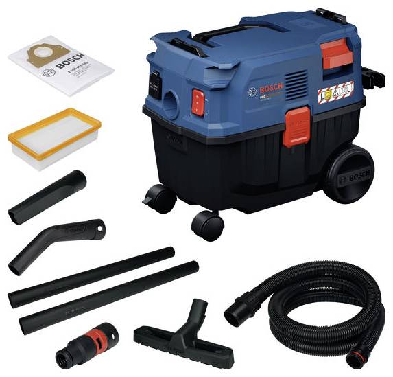 Bosch wet/dry vacuum cleaner with accessories shown: filter bag, filter, hoses, nozzles, and floor brush.