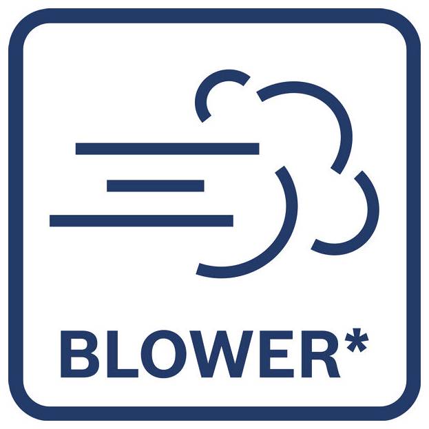 Blaues Symbol mit Luftstrahl und dem Wort „BLOWER*