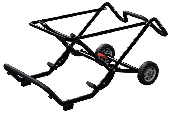 Schwarze Metallrahmen-Gehgestell mit zwei Rädern und eingeklapptem Griff, dargestellt auf weißem Hintergrund.