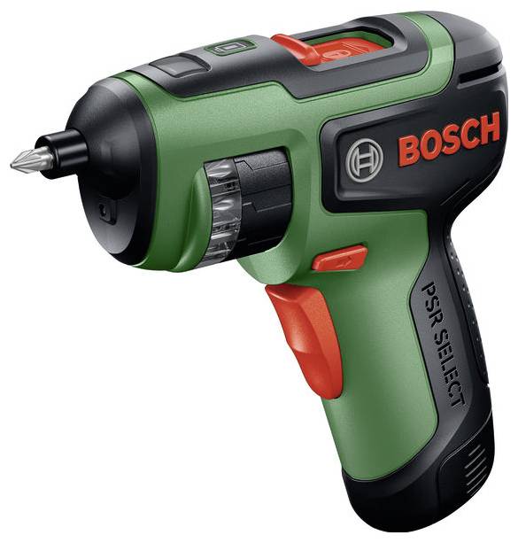 Bosch PSR Select Akku-Bohrschrauber mit verstellbarem Bohrfutter, grüner und schwarzer Gehäuse, auf weißem Hintergrund abgebildet.