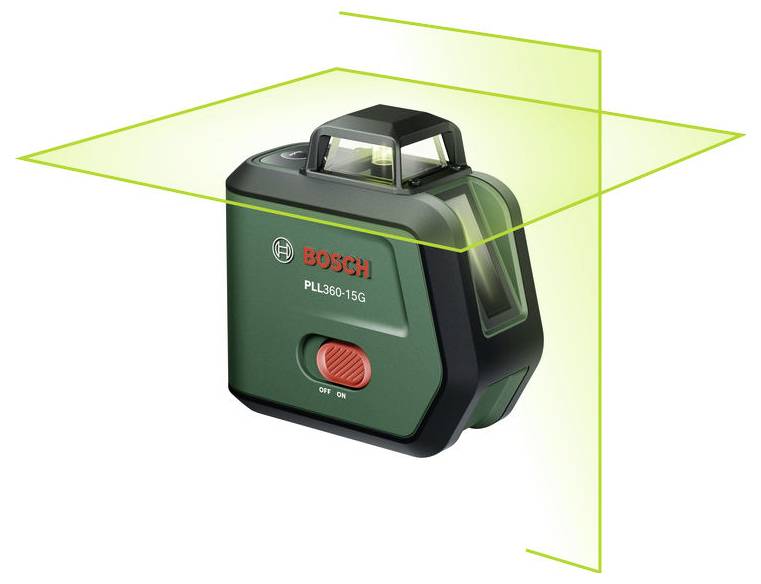 Bosch PLL 360-15G Laserwasserwage, die zwei grüne Referenzlinien für Nivellierung und Ausrichtung projiziert.