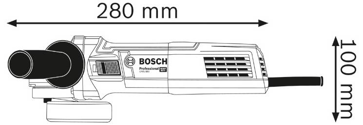 Technische Zeichnung eines Bosch Professional Elektrowerkzeugs, Seitenansicht dargestellt mit beschrifteten Abmessungen von 280 mm Länge und 100 mm Höhe.