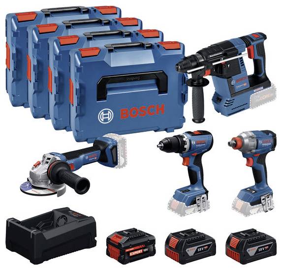 Bosch Akku-Elektrowerkzeug-Set mit vier Werkzeugen, mehreren Akkus, Ladegerät und stapelbaren Transportkoffern auf weißem Hintergrund.
