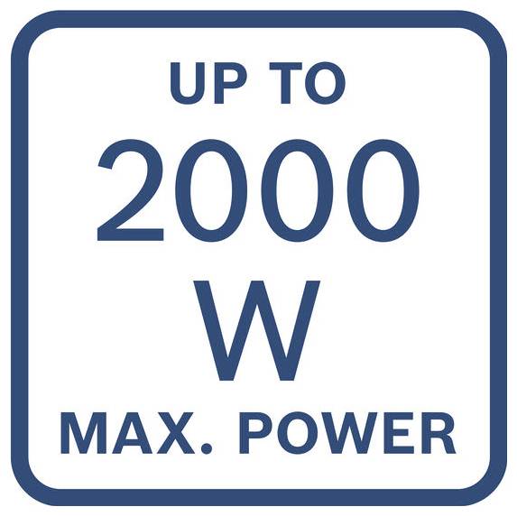 Zeichen mit der Aufschrift „BIS ZU 2000 W MAX. LEISTUNG