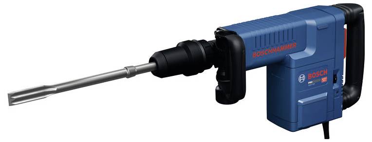 Blauer Bosch-Elektroschlägel mit langem Meißelbit, in Profilansicht auf weißem Hintergrund dargestellt.