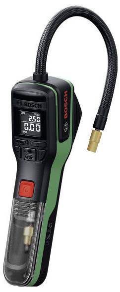 Bosch tragbarer digitaler Reifendruckprüfer mit flexiblem Schlauch, Druckanzeige und rotem Ein-/Ausschalter.