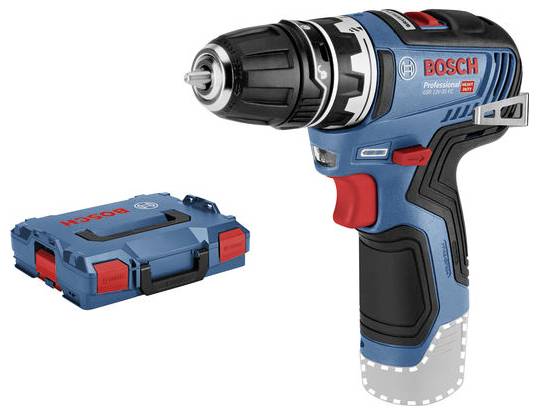Bosch Akku-Bohrmaschine mit Akku-Pack vor weißem Hintergrund.