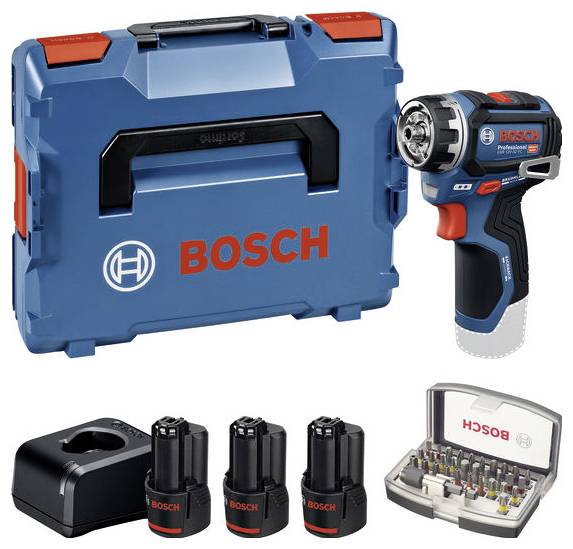 Bosch Steckschlüssel- und Schraubendrehersatz in einem grünen Transportkoffer, mit Ratschenkopf, Schraubendreher, Metallsteckschlüsseln und Aufsätzen auf weißem Hintergrund.