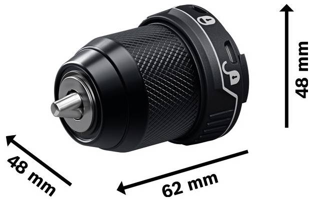 Schwarze zylindrische Bohrfutter mit den Abmessungen 62 mm Länge und 48 mm Breite/Höhe, dargestellt mit Pfeilen, die die Größe angeben.