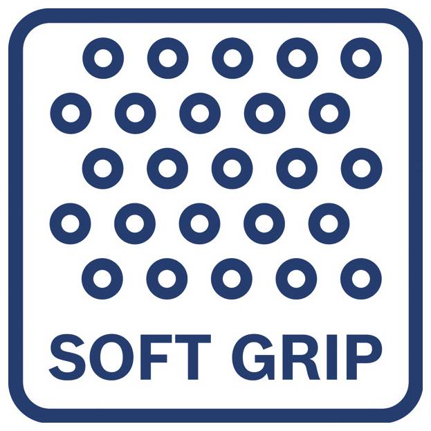 Blaues 'SOFT GRIP'-Symbol mit Reihen von kreisförmigen Punkten, die eine strukturierte rutschfeste Oberfläche anzeigen.