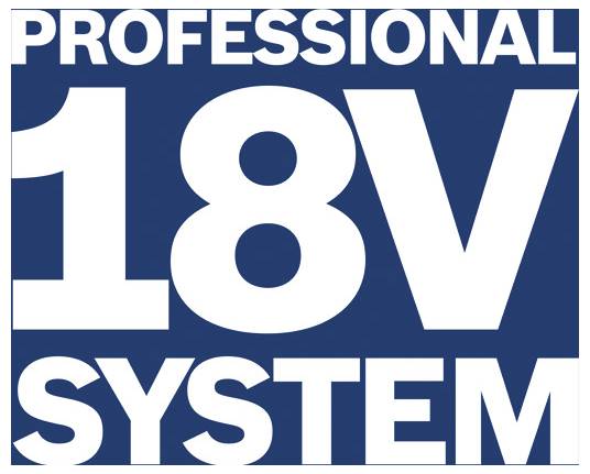 Blau-weißes Produktetikett mit der Aufschrift „PROFESSIONELLES 18V-SYSTEM