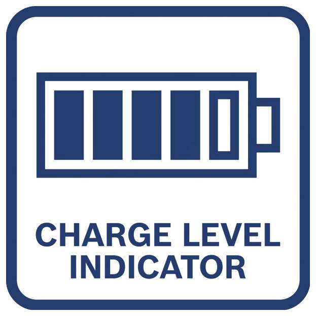 Batterieladestandanzeige-Symbol mit vier gefüllten Balken und einem leeren Balken, beschriftet mit „CHARGE LEVEL INDICATOR