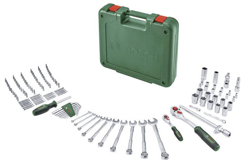 Bosch-Werkzeugsatz mit grünem Transportkoffer, Bohraufsätze, Steckschlüsselsatz, Schraubenschlüssel, Schraubendreher und Ratsche auf weißem Hintergrund.